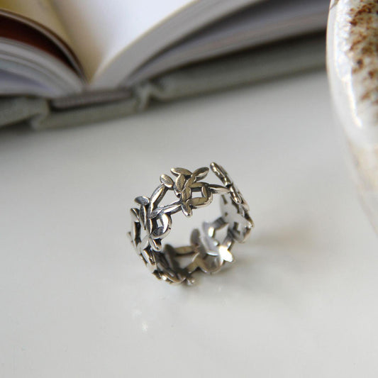 vinatge leaves cross 925 sterling silver wide adjustable ring