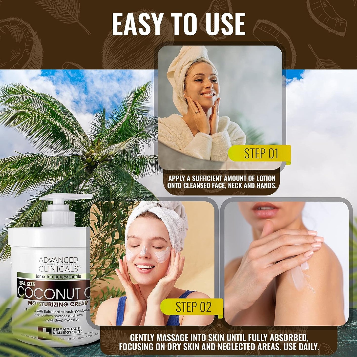 Advanced Clinicals Coconut Body Lotion Moisturizing Cream & Face Lotion For Women & Men | Coconut Lotion | Natural Coconut Oil Cream Skin Care Moisturizer Body Butter Balm For Dry Skin, 16Oz, 2-Pack