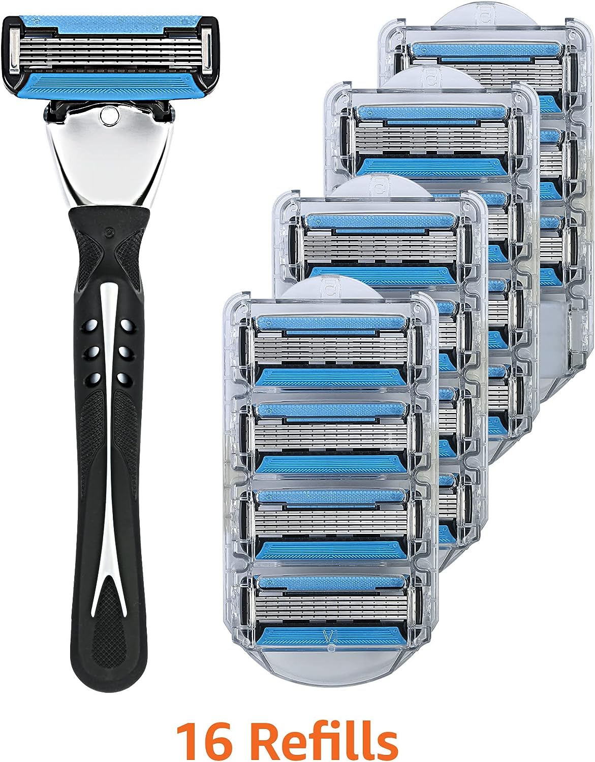 Amazon Basics 5-Blade MotionSphere Razor for Men with Dual Lubrication and Precision Trimmer, Handle & 16 Cartridges, Cartridges fit Amazon Basics Razor Handles only, 17 Piece Set, Black