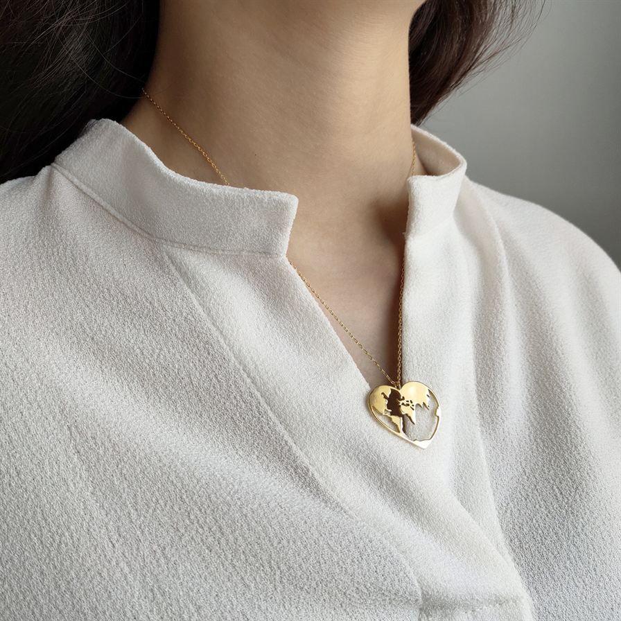 world map heart 925 sterling silver necklace