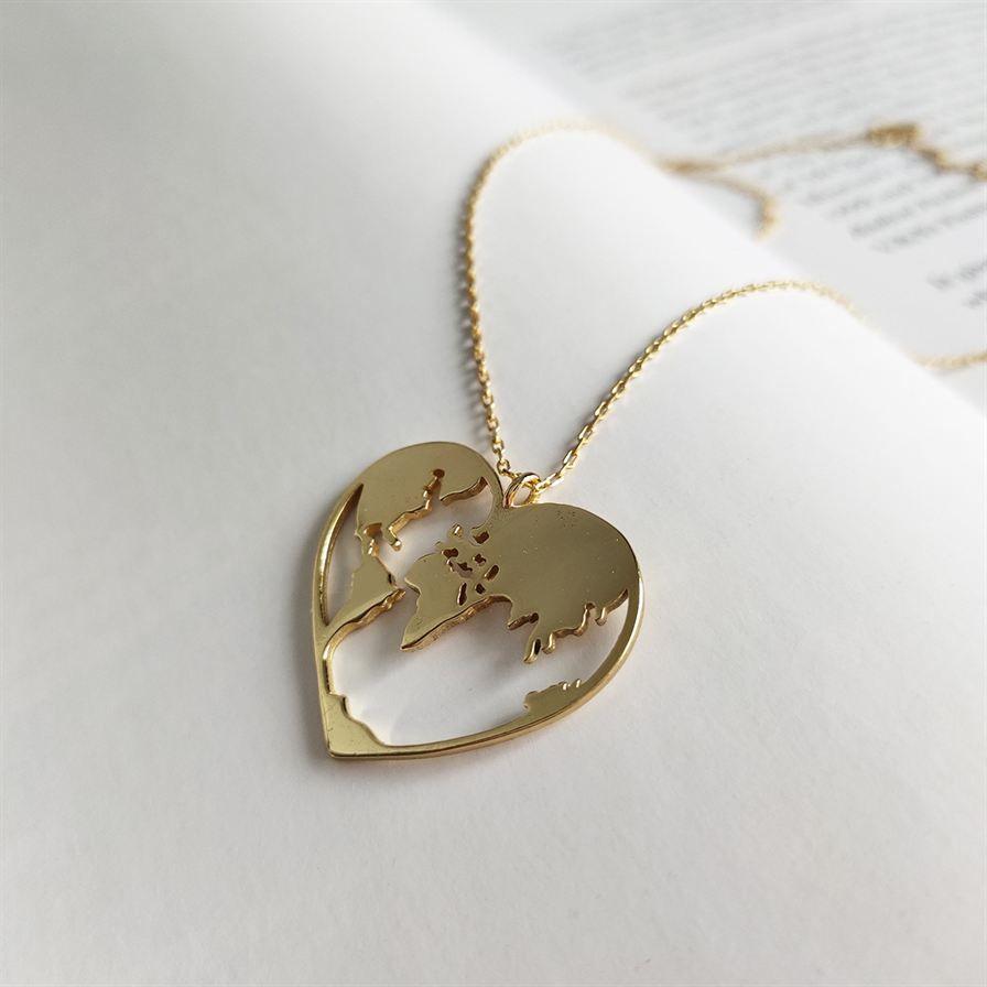 world map heart 925 sterling silver necklace