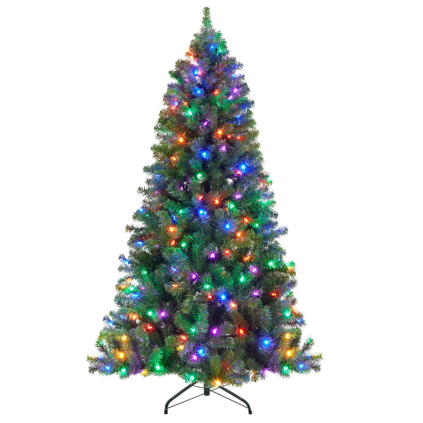 6ft Pre-Lit Spruce Hinged Artificial Christmas Tree w/ 250 Multicolored Lights, Foldable Stand