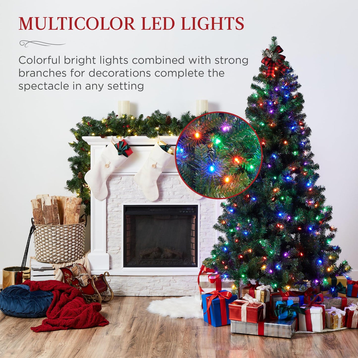 6ft Pre-Lit Spruce Hinged Artificial Christmas Tree w/ 250 Multicolored Lights, Foldable Stand