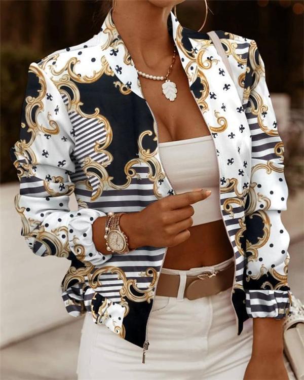 women's jackets zip embellished printed long sleeve jacket
