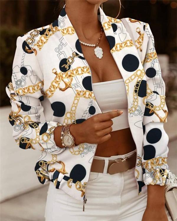 women's jackets zip embellished printed long sleeve jacket