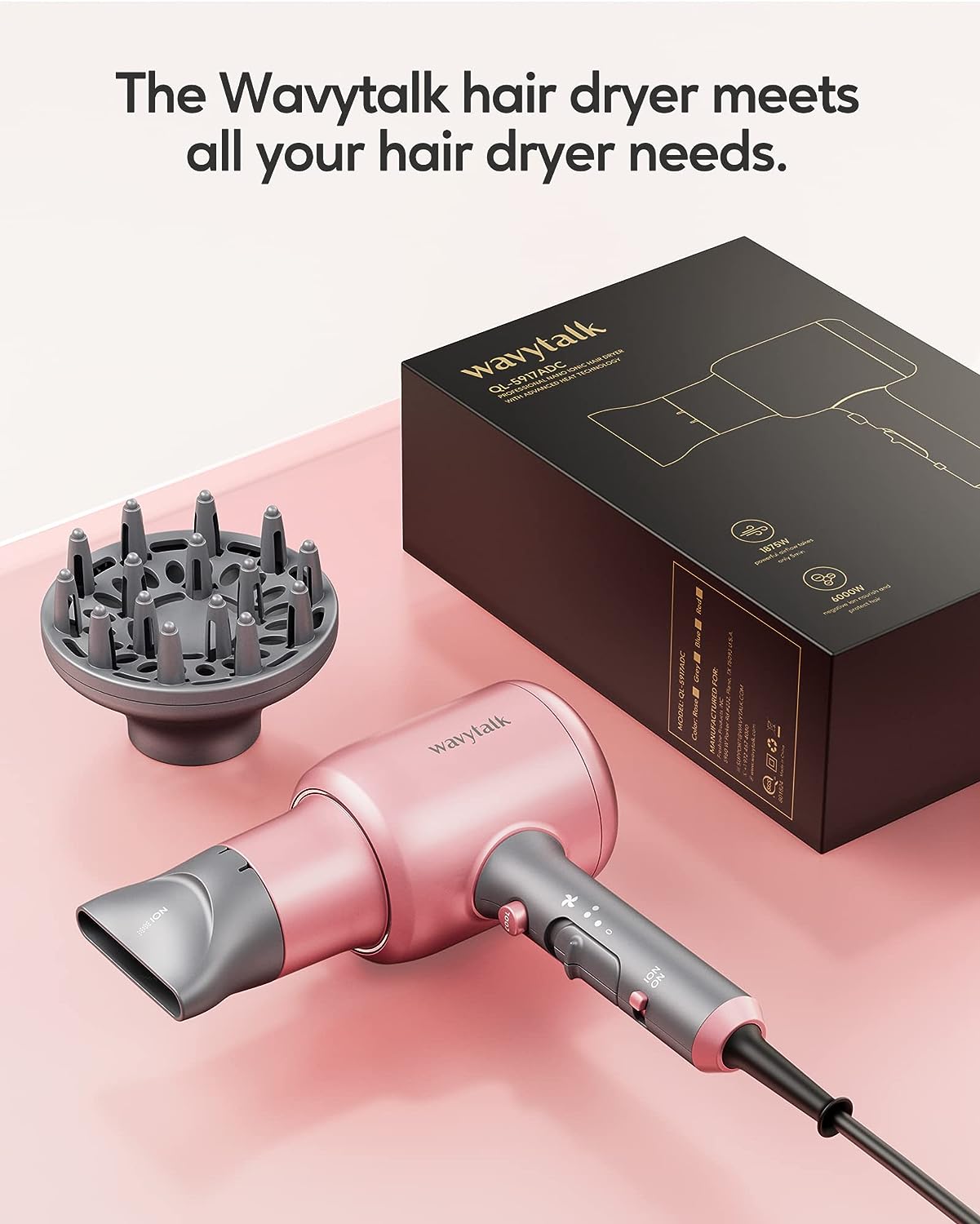 Wavytalk Professional Ionic Hair Dryer Blow Dryer with Diffuser and Concentrator for Curly Hair 1875 Watt Negative Ions Dryer with Ceramic Technology Nozzle for Fast Drying as Salon Light and Quiet