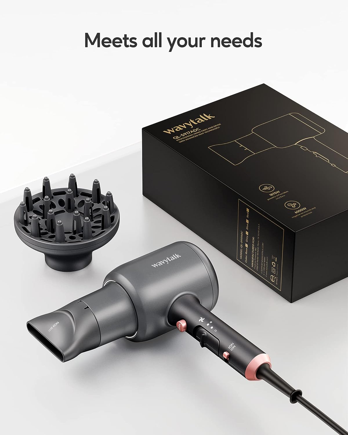 Wavytalk Ionic Hair Blow Dryer with Diffuser for Curly Hair Professional Salon Attachment Diffuser and Concentrator Nozzle for Women Styling Natural