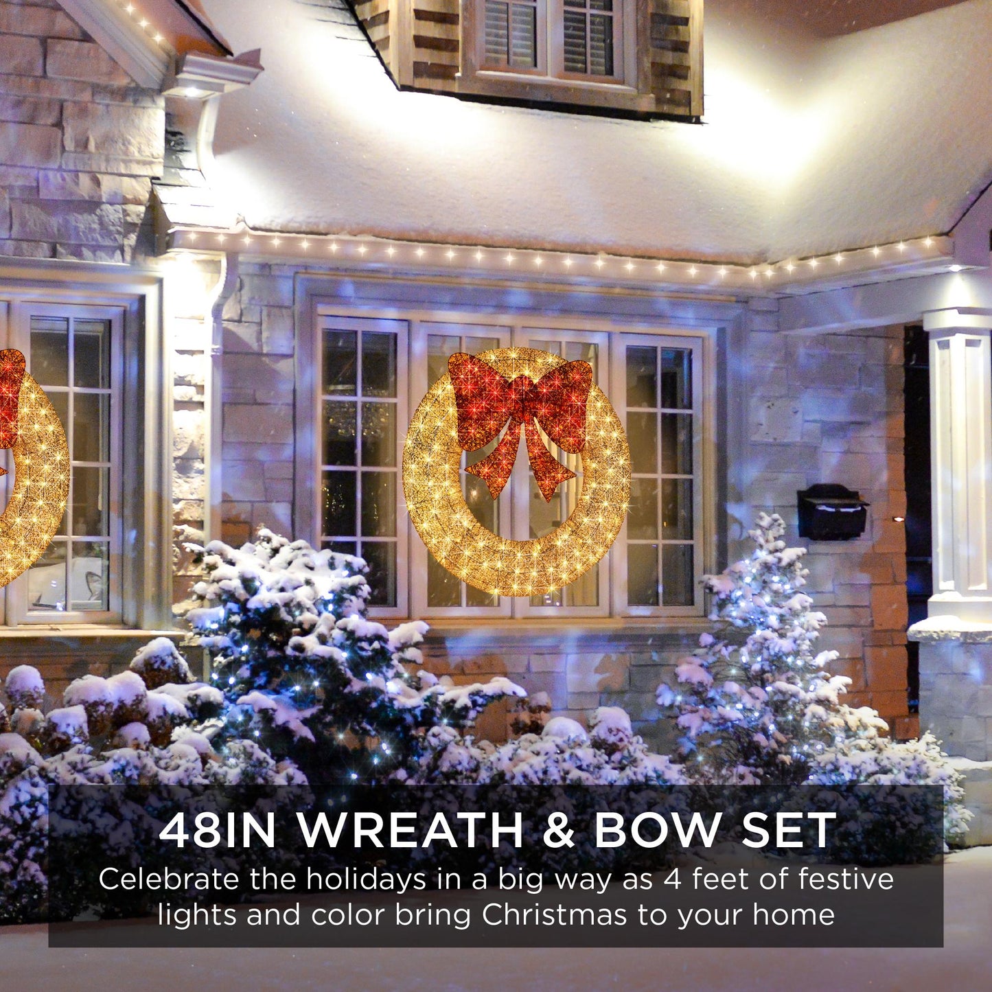 48in Pre-Lit Outdoor Christmas Wreath, LED Metal Holiday Decor w/ 140 Lights, Bow - Gold/Red