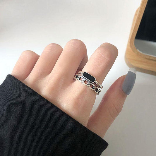 vintage double layer black rectangle chain 925 sterling silver adjustable ring