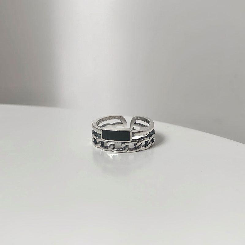 vintage double layer black rectangle chain 925 sterling silver adjustable ring