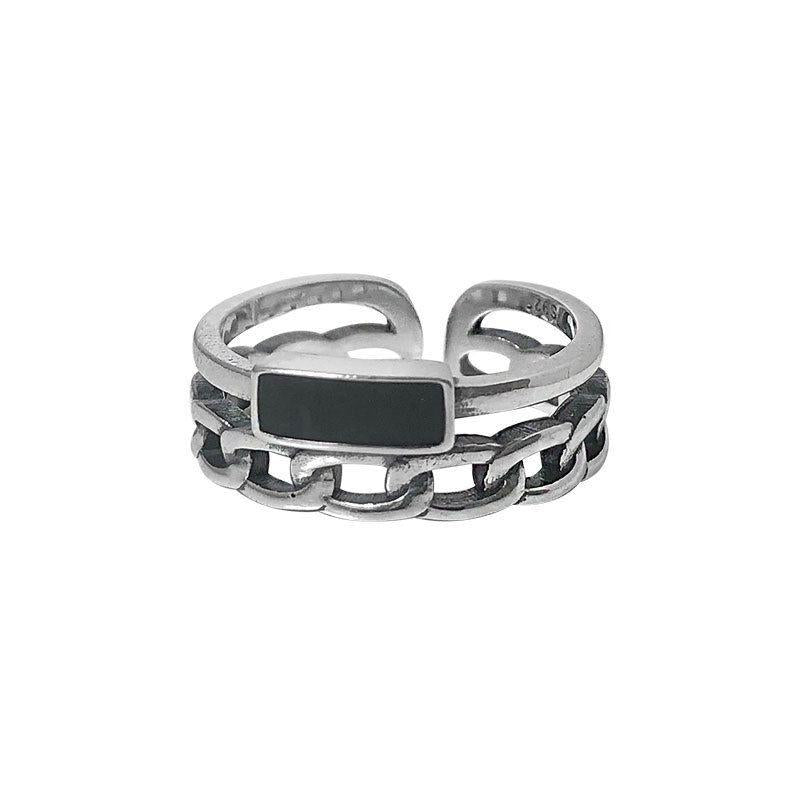 vintage double layer black rectangle chain 925 sterling silver adjustable ring