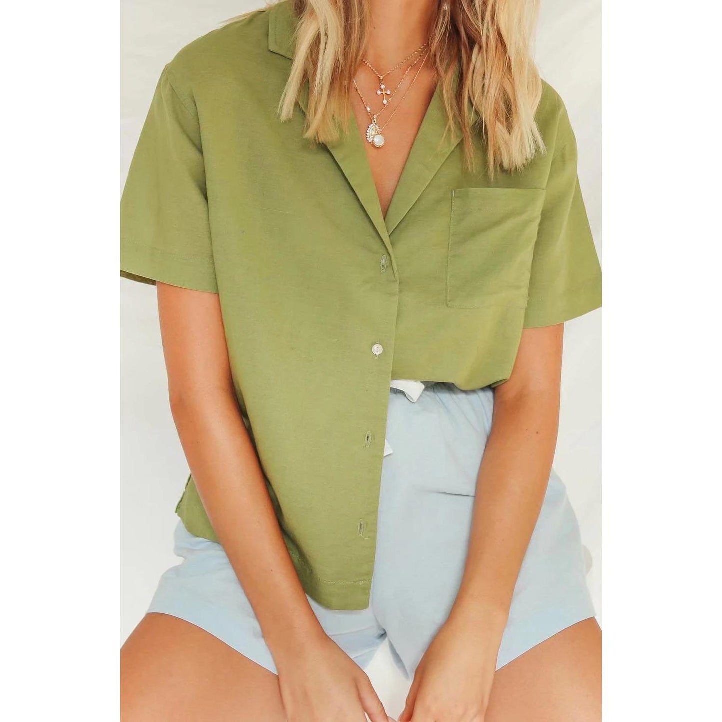 vintage turn down collar short sleeve blouse