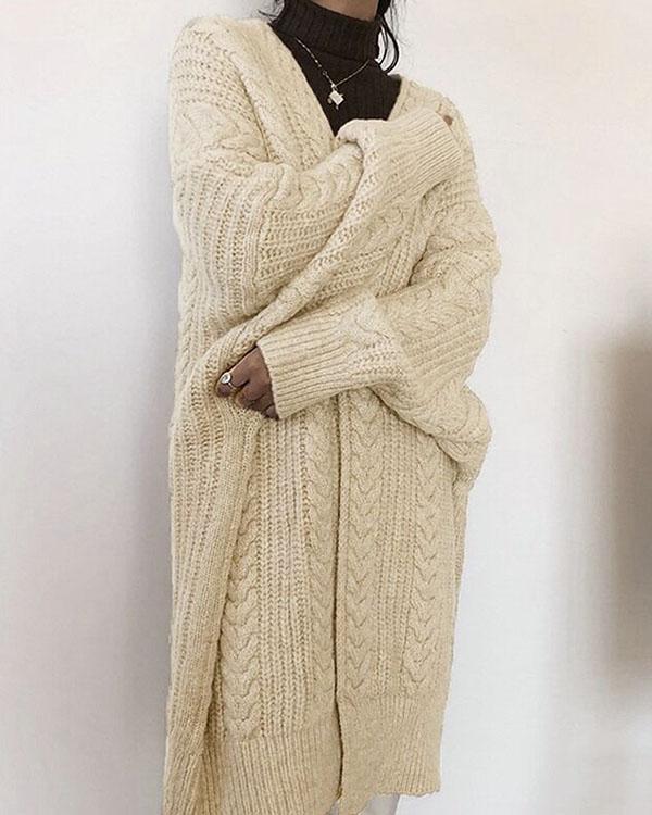 winter collarless solid cable knitted cardigan loose long coat