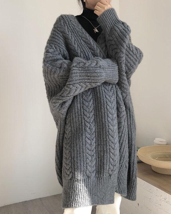 winter collarless solid cable knitted cardigan loose long coat