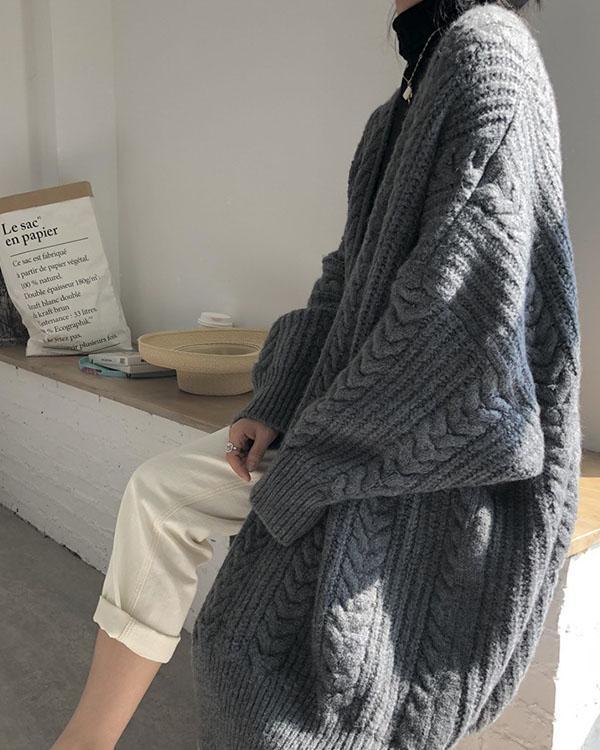 winter collarless solid cable knitted cardigan loose long coat
