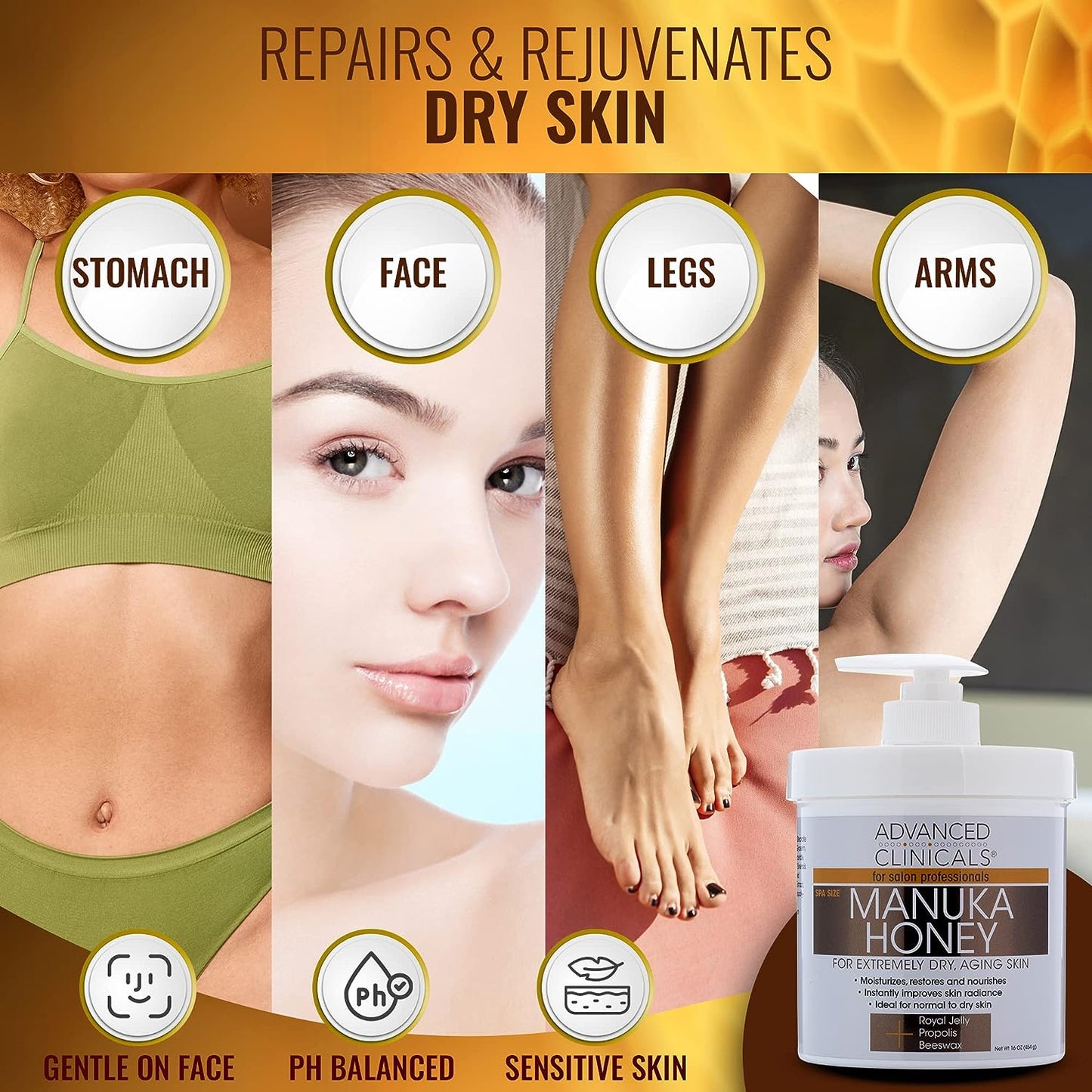 Advanced Clinicals Manuka Honey Cream Face Moisturizer & Body Butter Lotion For Dry Skin | Firming & Hydrating Miracle Balm Skin Care Moisturizing Lotion For Women, Wrinkles, & Sun Damaged Skin, 16Oz