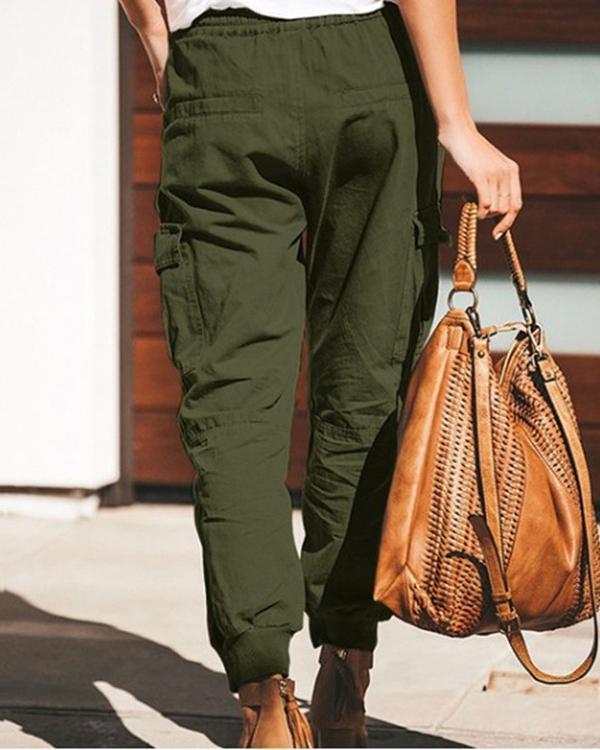 women casual pure color pocket elastic waist cargo trousers