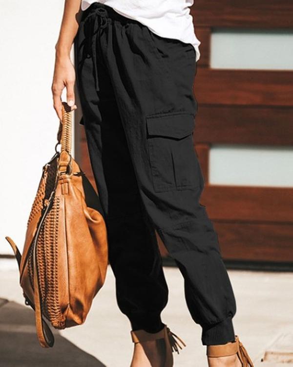 women casual pure color pocket elastic waist cargo trousers