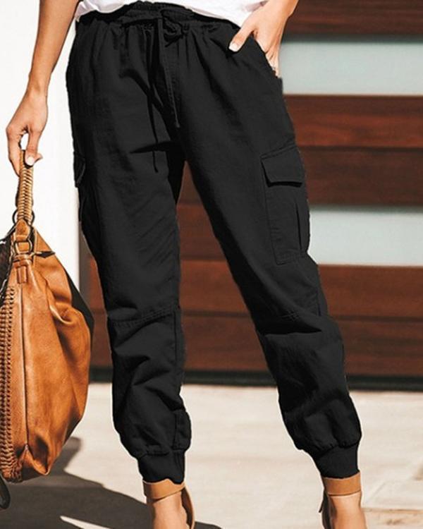 women casual pure color pocket elastic waist cargo trousers