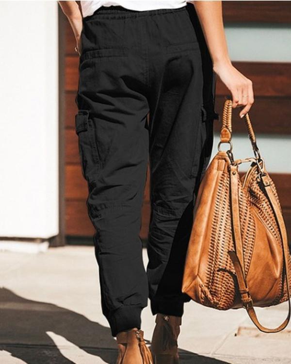women casual pure color pocket elastic waist cargo trousers