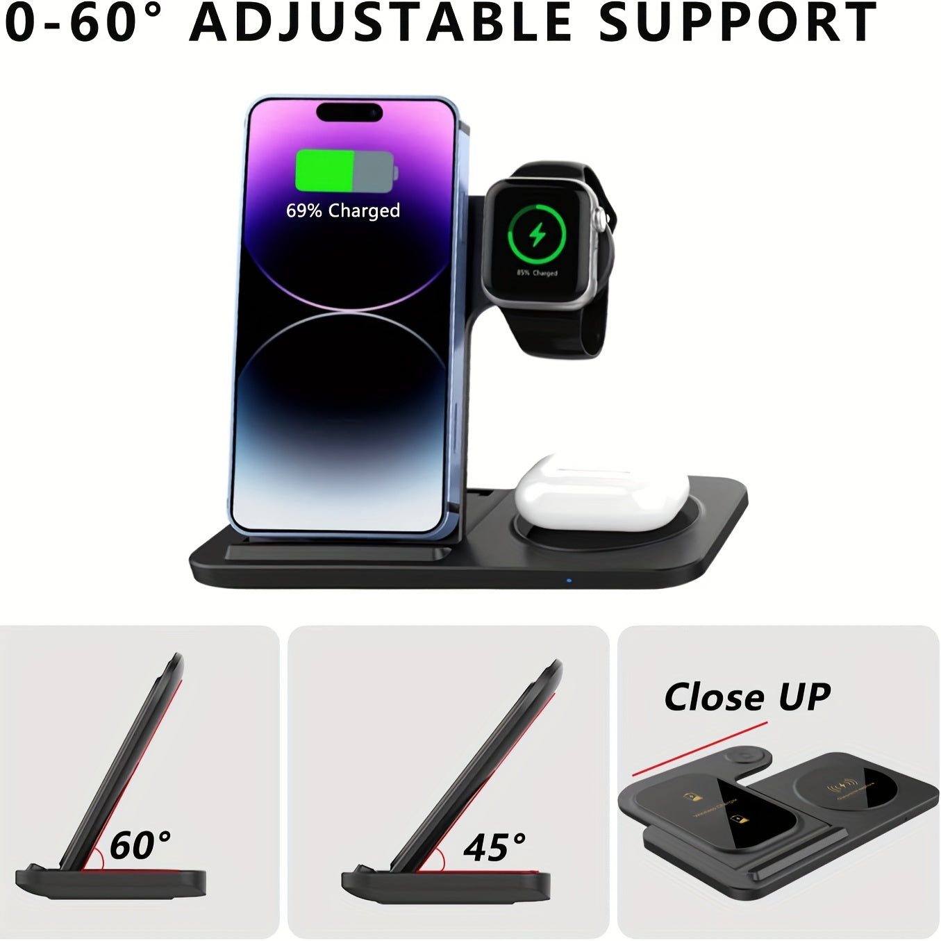 Wireless Charging Station For Multiple Devices Foldable 3 In 1 Fast Charger Station Stand Dock For IWatch Series 8, 7, 6, SE, 5, 4, 3, 2, Airpods Pro 3, 2, 14Pro, 14, 13, Pro Max, 13 ,12, 11 Pro, X ,Max ,XS, XR, 8