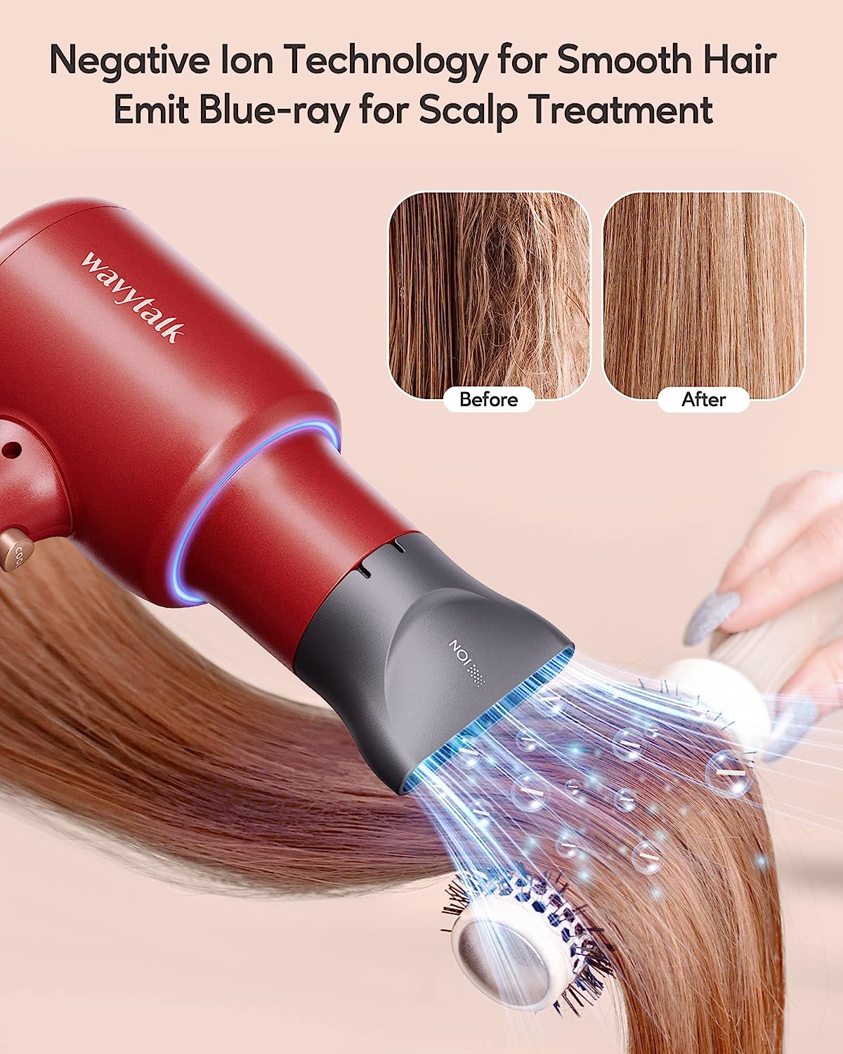 Wavytalk 1875W Ionic Salon Hair Dryer with Diffuser Professional Blow Dryer for Curly Hair with Ceramic Technology Fasting Drying Light and Quiet, Red