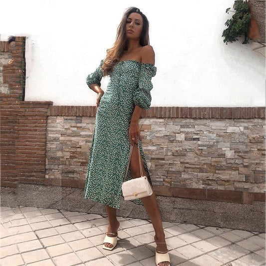 vintage long sleeve green floral maxi dress