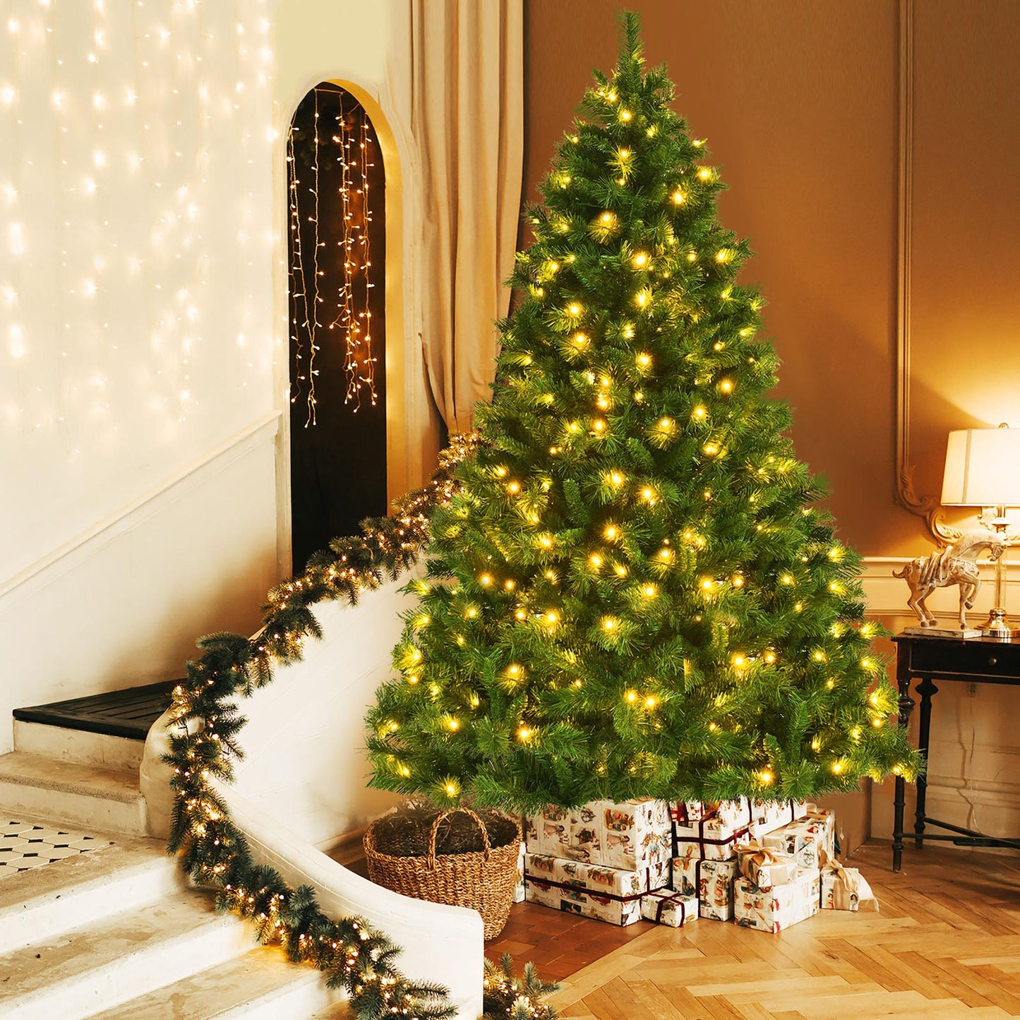 7ft Pre-Lit Artificial Hinged Christmas Tree w/8 Modes LED Lights and Foot Pedal