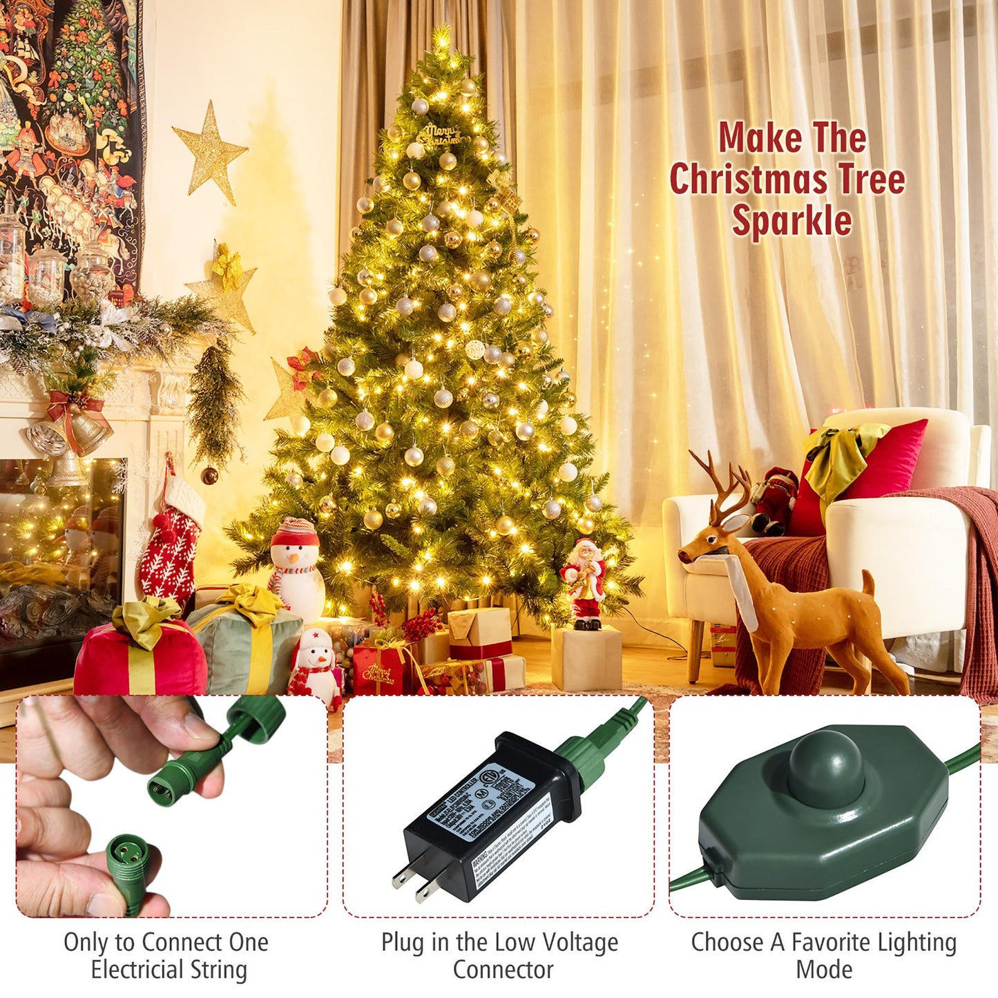 7ft Pre-Lit Artificial Hinged Christmas Tree w/8 Modes LED Lights and Foot Pedal