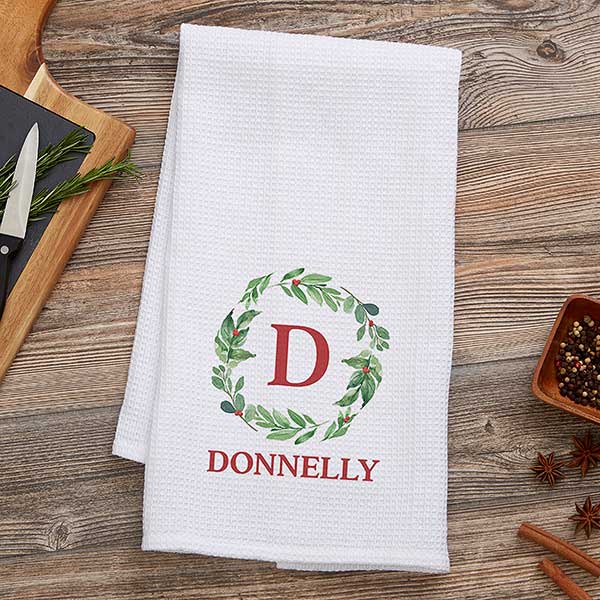 watercolor wreath personalized waffle weave kitchen towel