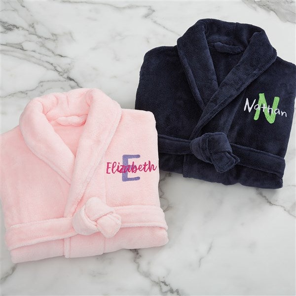 playful name embroidered kids navy fleece robe