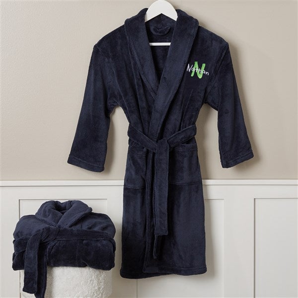 playful name embroidered kids navy fleece robe
