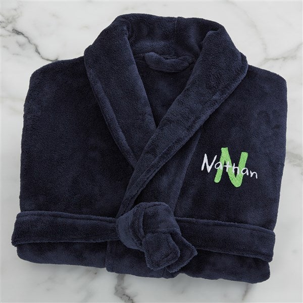 playful name embroidered kids navy fleece robe