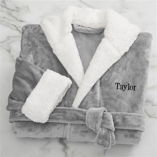 just for him personalized sherpa hooded fleece robe- grey