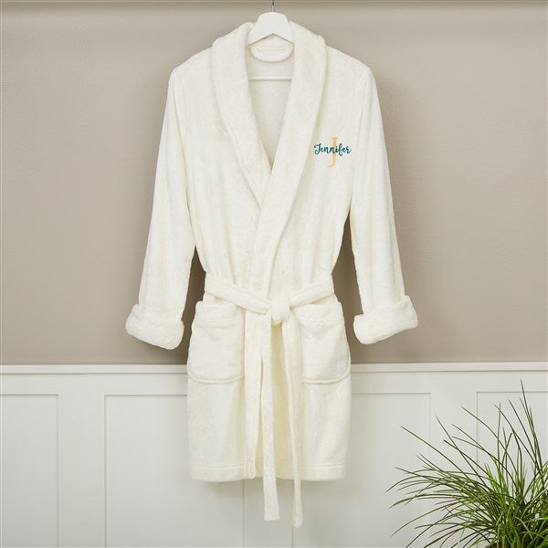 playful name embroidered ivory short fleece robe