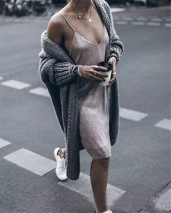 winter collarless solid grey long coat fashion knit cardigan