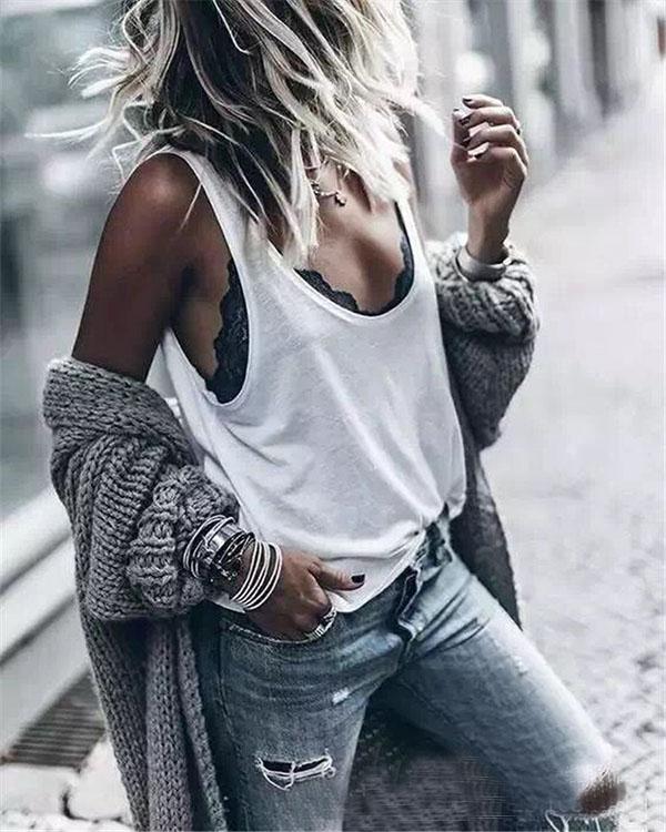 winter collarless solid grey long coat fashion knit cardigan