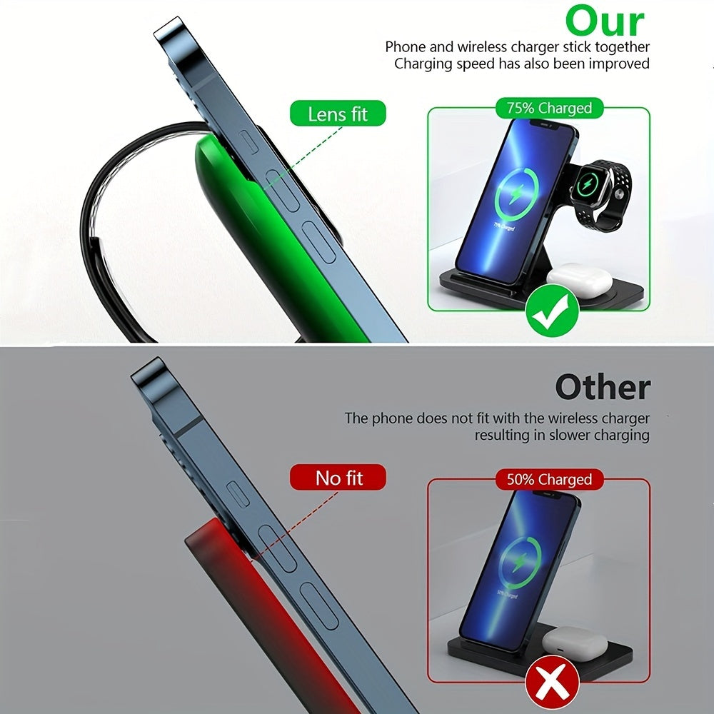 Wireless Charging Station For Multiple Devices Foldable 3 In 1 Fast Charger Station Stand Dock For IWatch Series 8, 7, 6, SE, 5, 4, 3, 2, Airpods Pro 3, 2, 14Pro, 14, 13, Pro Max, 13 ,12, 11 Pro, X ,Max ,XS, XR, 8