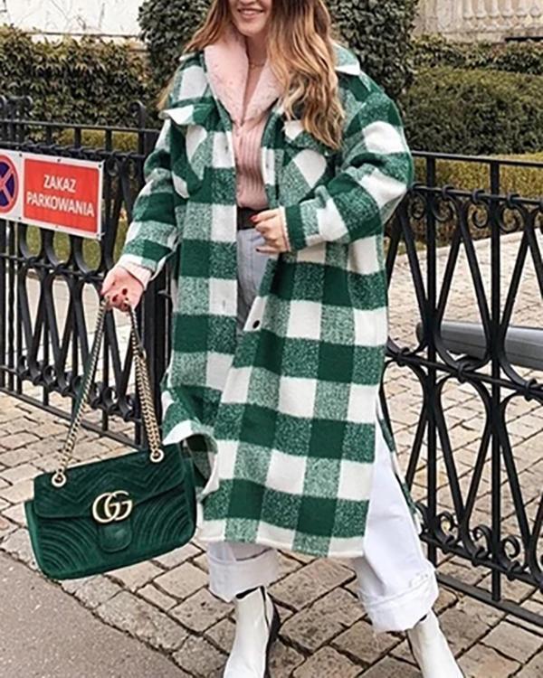 women green long plaid coat