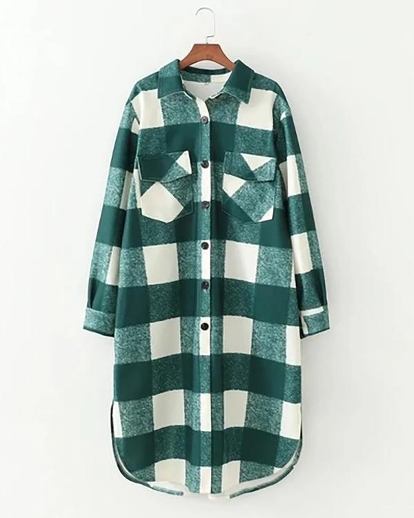 women green long plaid coat