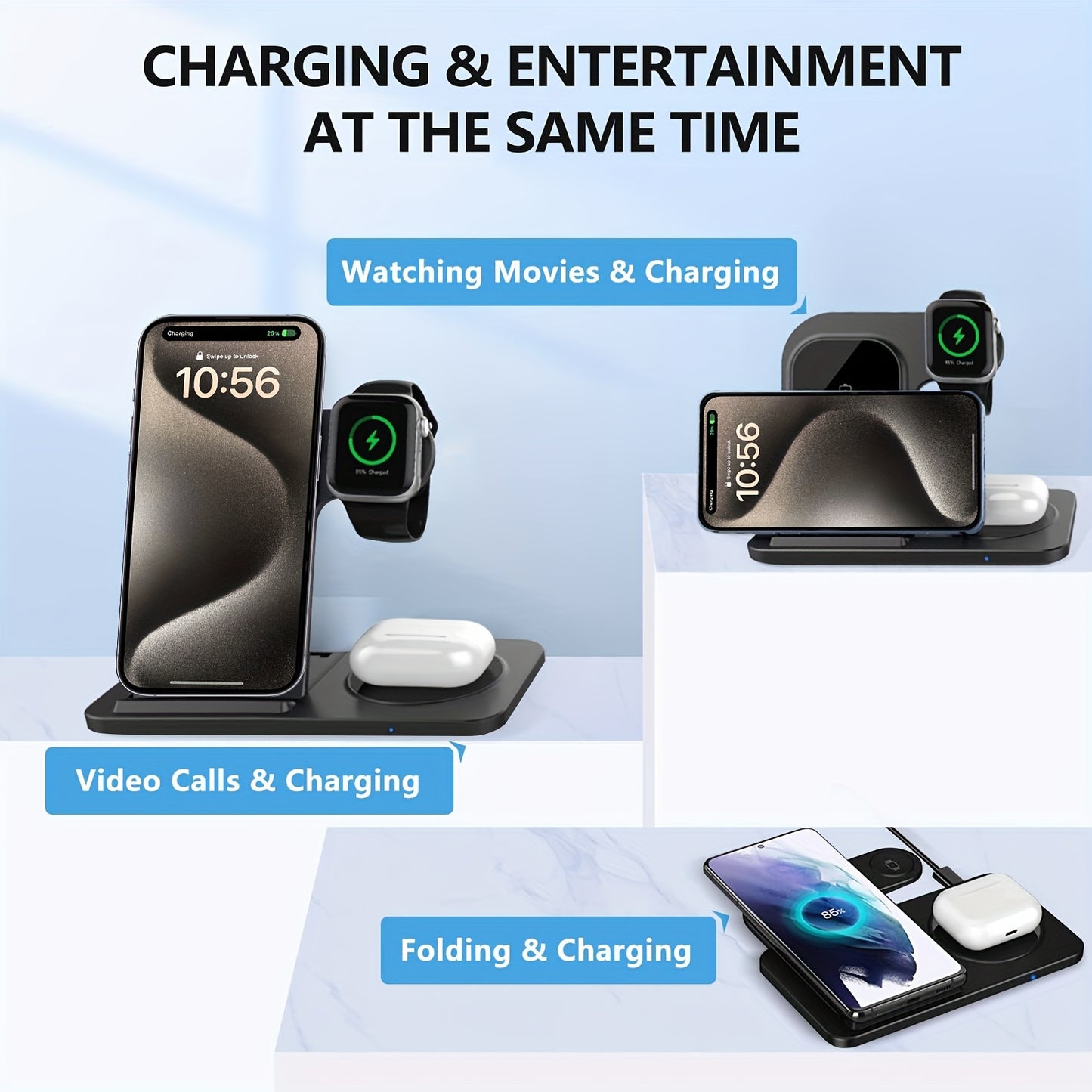 Wireless Charging Station For Multiple Devices Foldable 3 In 1 Fast Charger Station Stand Dock For IWatch Series 8, 7, 6, SE, 5, 4, 3, 2, Airpods Pro 3, 2, 14Pro, 14, 13, Pro Max, 13 ,12, 11 Pro, X ,Max ,XS, XR, 8