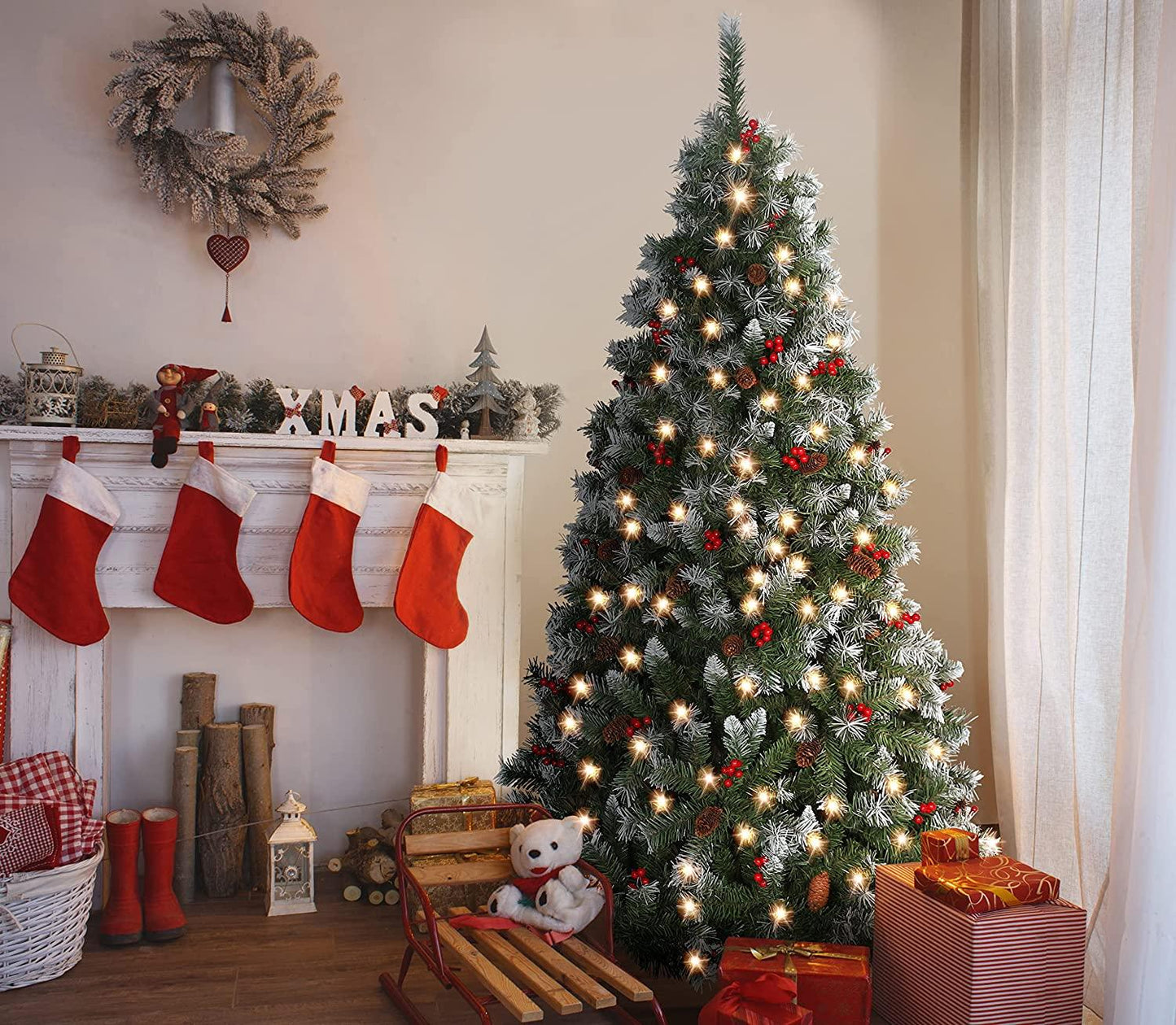 6FT Snow Frosted Christmas Tree, Pre-lit Artificial Christmas Tree with Pine Cones Red Holly Berries, Spruce Christmas Tree, Holiday Decoration Tree w/800 Tips & 290 Lights