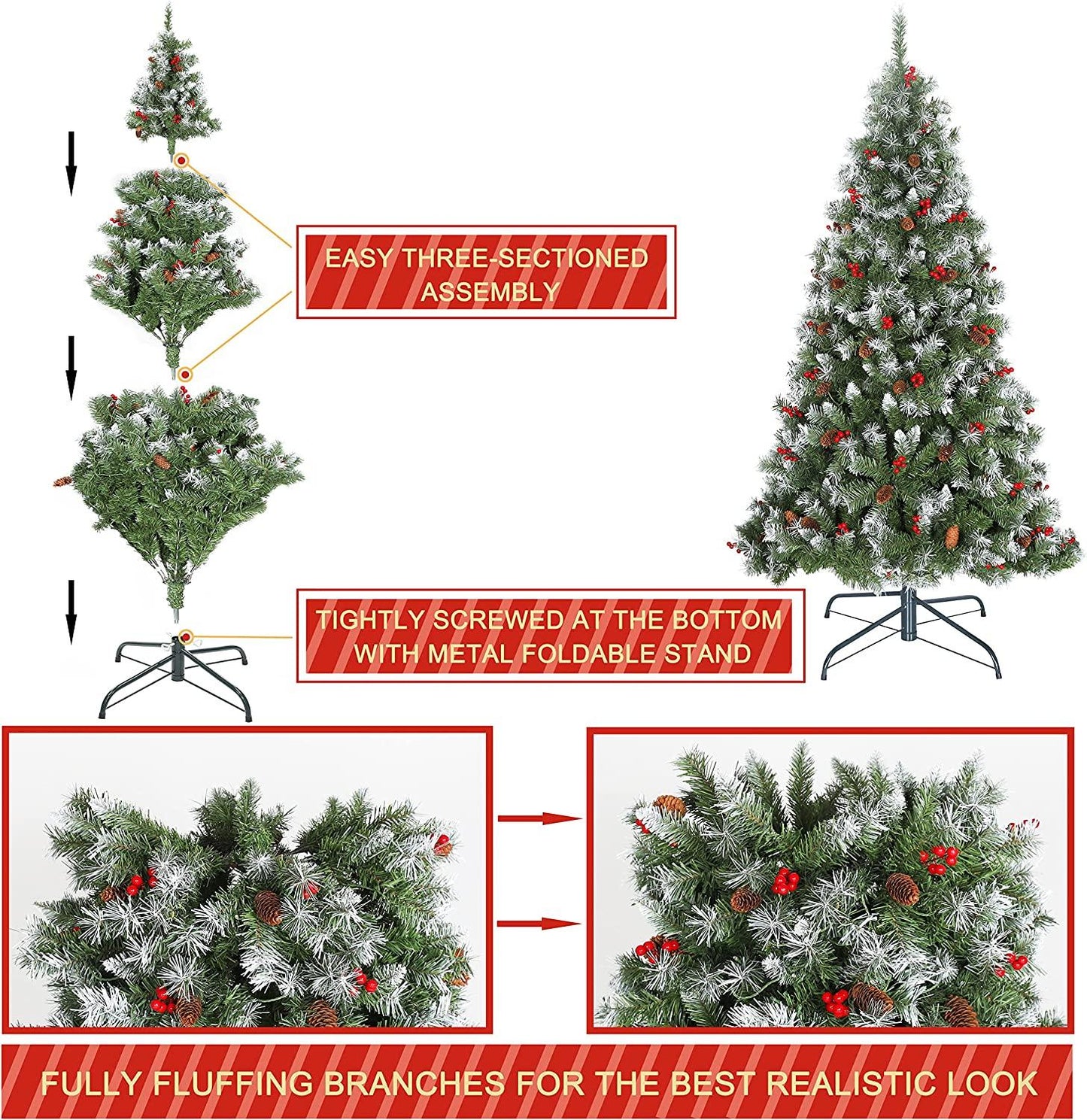 6FT Snow Frosted Christmas Tree, Pre-lit Artificial Christmas Tree with Pine Cones Red Holly Berries, Spruce Christmas Tree, Holiday Decoration Tree w/800 Tips & 290 Lights