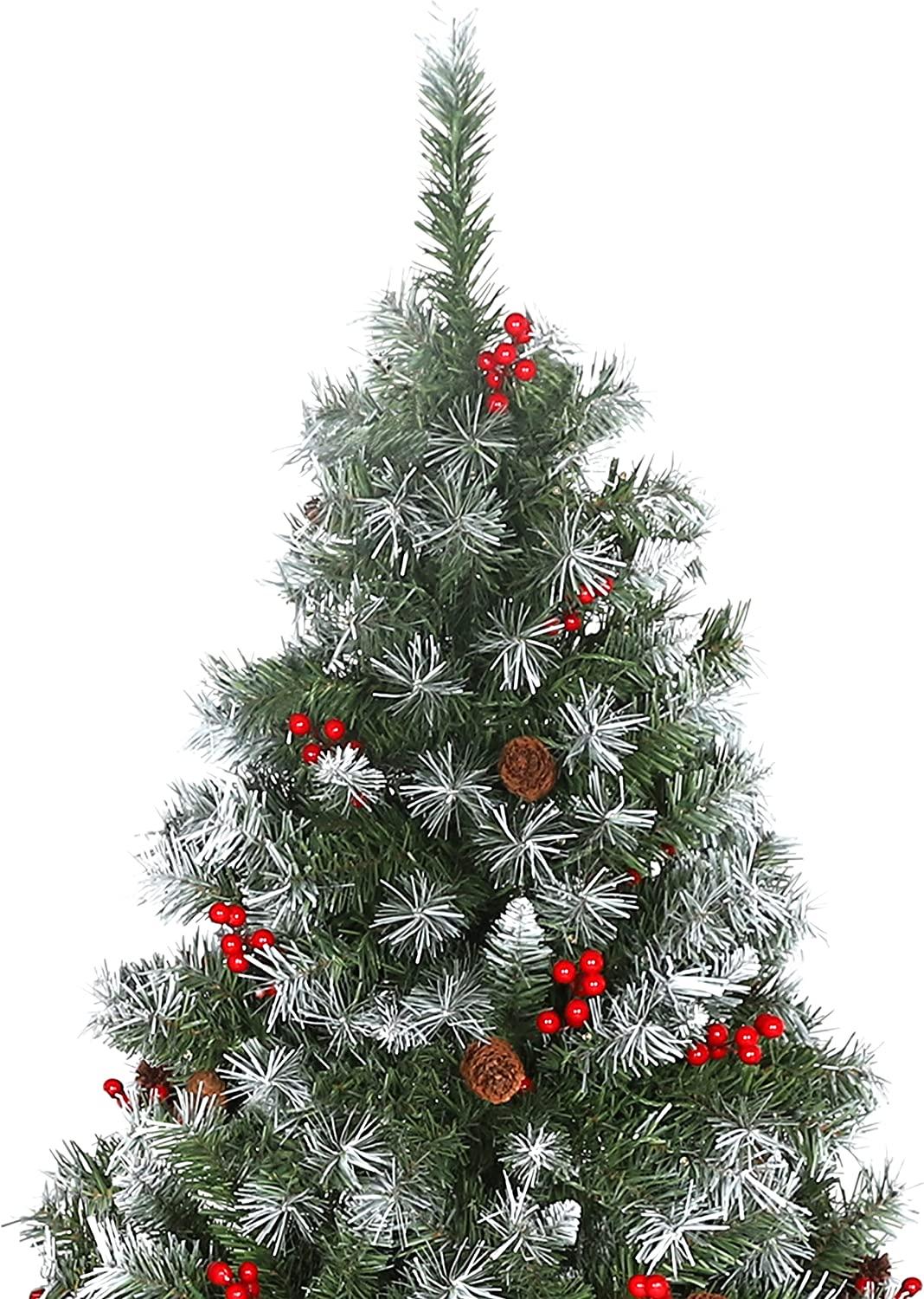 6FT Snow Frosted Christmas Tree, Pre-lit Artificial Christmas Tree with Pine Cones Red Holly Berries, Spruce Christmas Tree, Holiday Decoration Tree w/800 Tips & 290 Lights