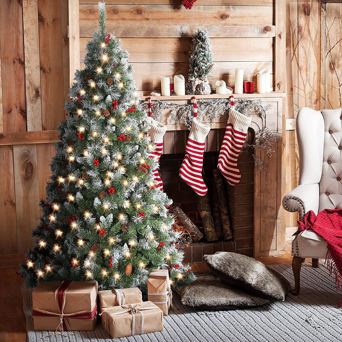 6FT Snow Frosted Christmas Tree, Pre-lit Artificial Christmas Tree with Pine Cones Red Holly Berries, Spruce Christmas Tree, Holiday Decoration Tree w/800 Tips & 290 Lights