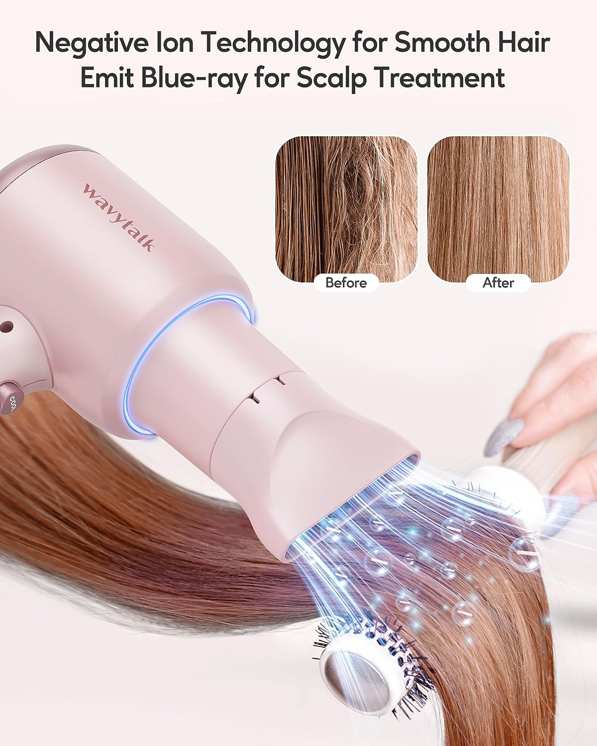 Wavytalk Professional Hair Dryer with Diffuser 1875W Power Dryer, Blow Dryer Ionic Hair Dryer for Women with Constant Temperature, Diffuser Hair Dryer Fast Drying &Low Noise, Millennial Pink