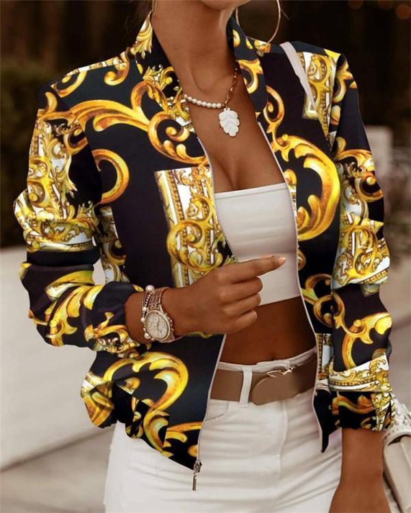 women's jackets zip embellished printed long sleeve jacket