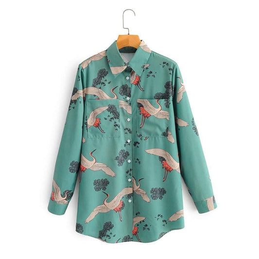 vintage crane print blouse