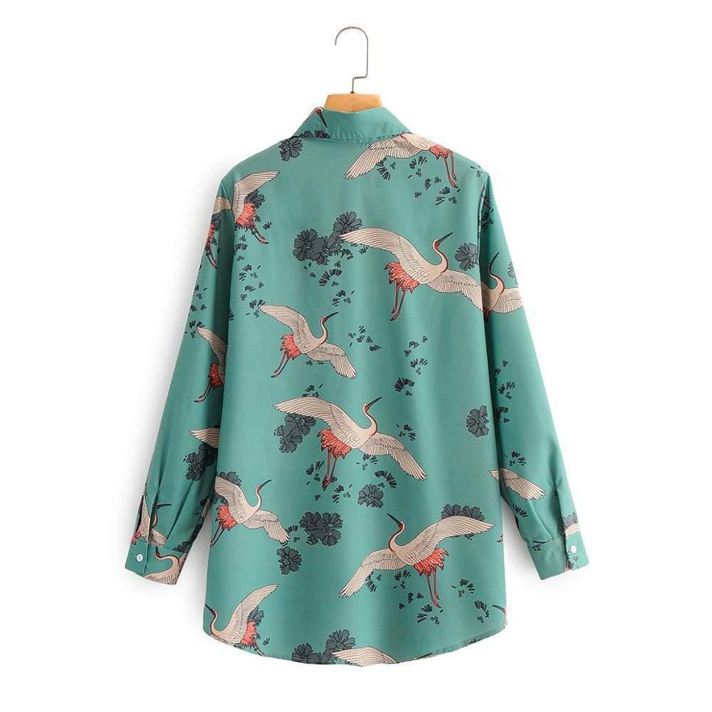 vintage crane print blouse