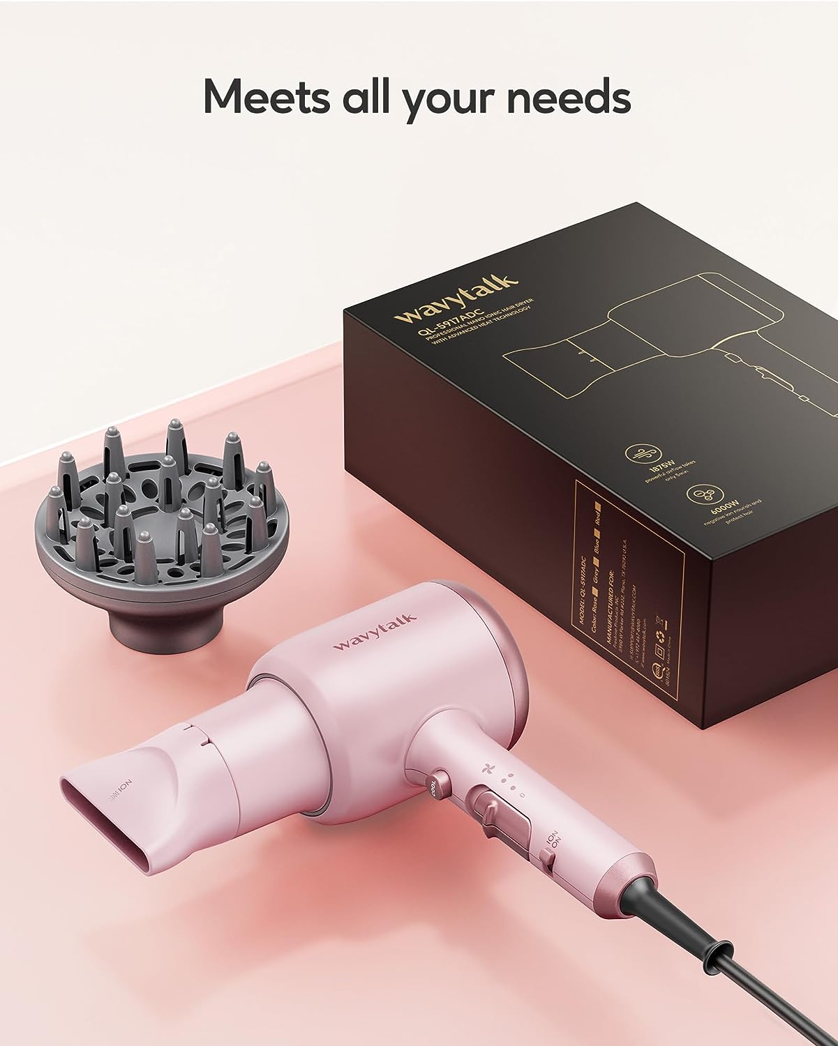 Wavytalk Professional Hair Dryer with Diffuser 1875W Power Dryer, Blow Dryer Ionic Hair Dryer for Women with Constant Temperature, Diffuser Hair Dryer Fast Drying &Low Noise, Millennial Pink